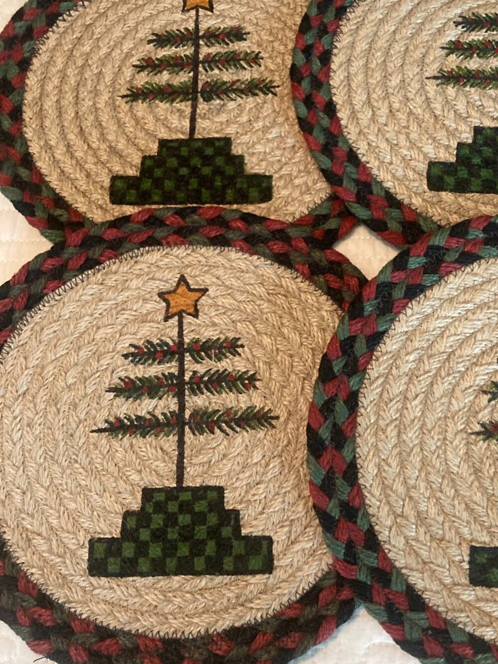 Set of 4 Woven Jute Trivets, Christmas Feather Tree